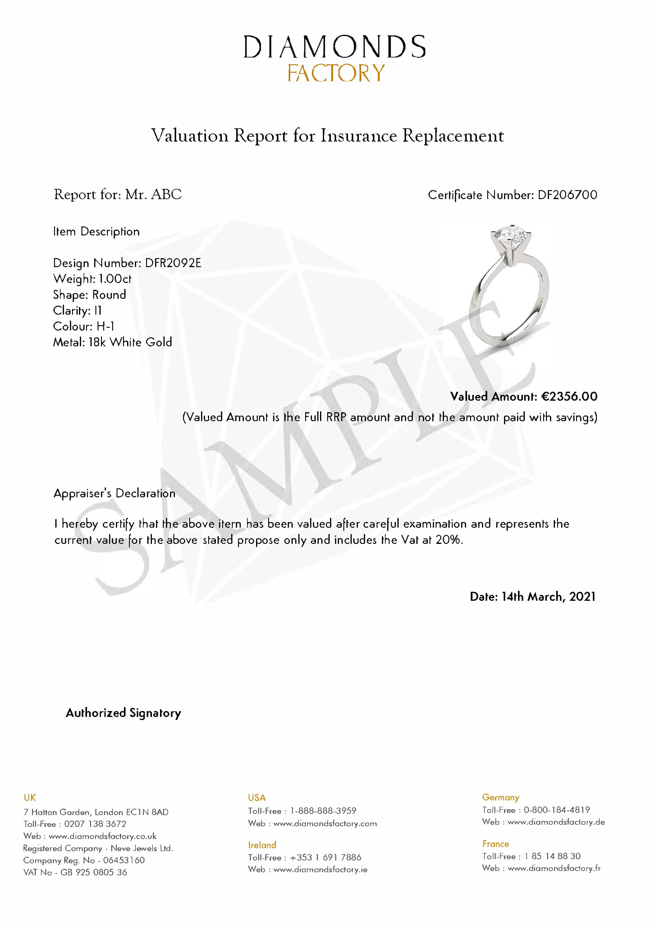 Valuation Certificate